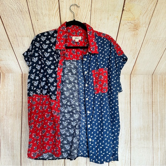 Style & Co 1X Floral Patchwork Red White Blue Button Up - Picture 5 of 7
